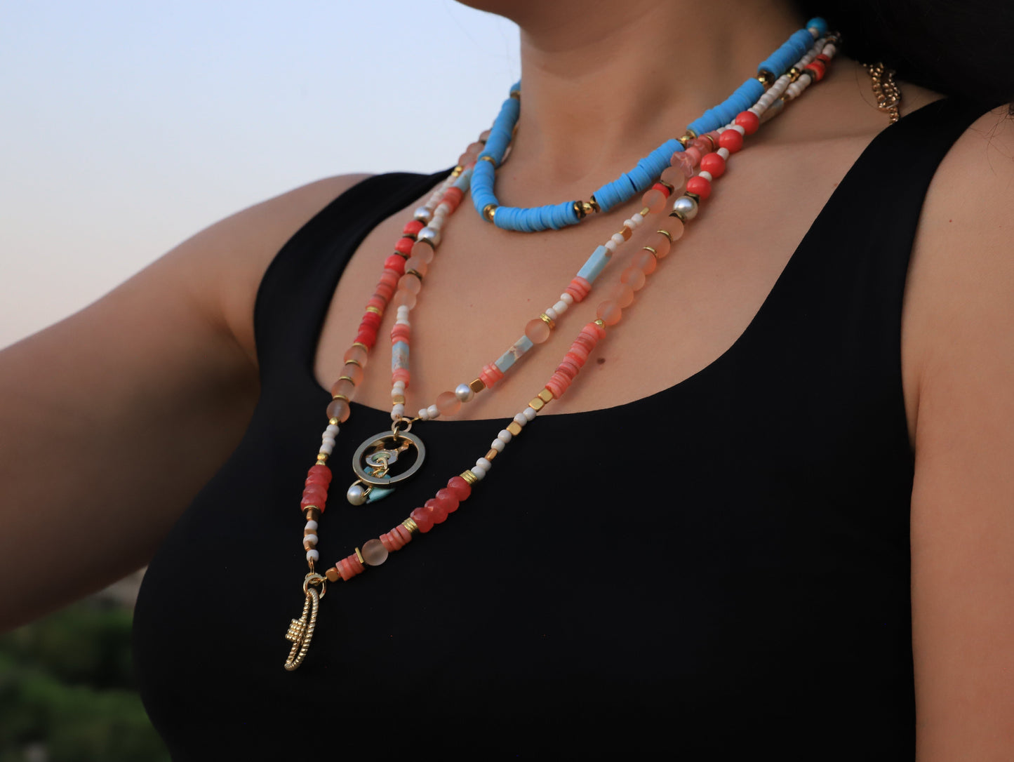 Sunset Mirage – Layered Coral & Aqua Beaded Necklace
