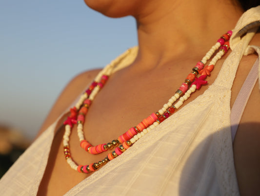 Sunset Glow – Layered Coral & Blush Beaded Necklace