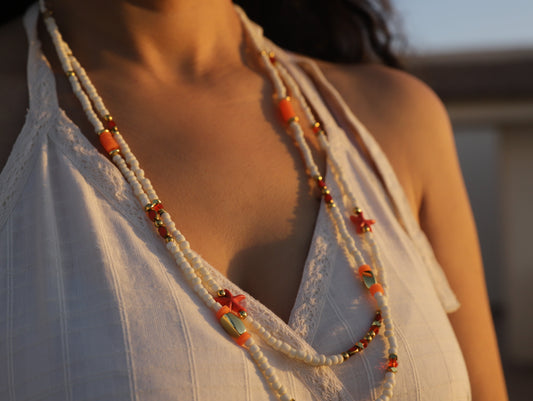 Citrus Spark – Layered Orange & White Beaded Necklace