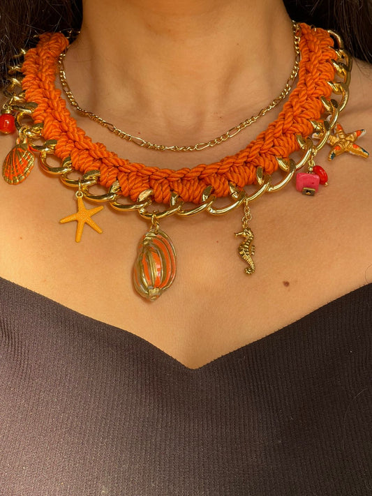 Sunset Star - Gold Starfish Pendant on Red Rope Necklace | Coastal Chic Statement Piece