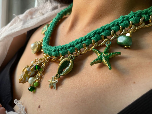Sea Charms – Green Handwoven Necklace with Shell & Ocean-Inspired Pendants