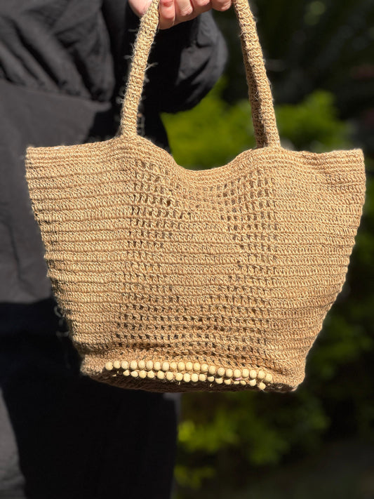 Sunwood Market – Handwoven Natural Jute Tote with Wooden Bead Detail