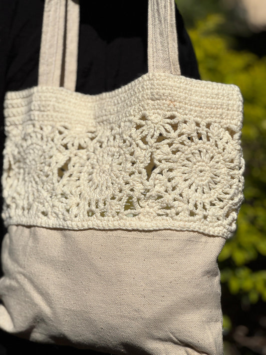 Desert Bloom – Crochet & Canvas Shoulder Bag with Floral Lace Detail