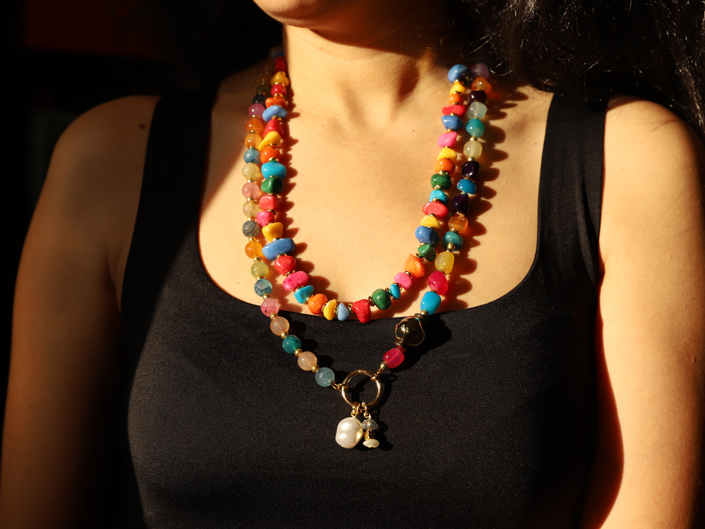Color Crush – Rainbow Gemstone Necklace with Gold Drop Charm