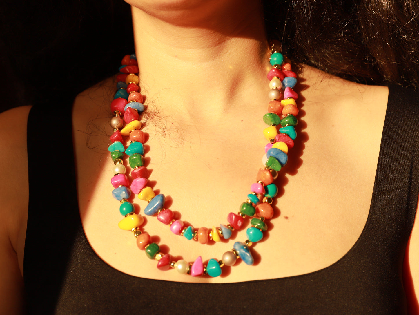 Fiesta Gems – Chunky Multicolor Gemstone Necklace with Gold Accents