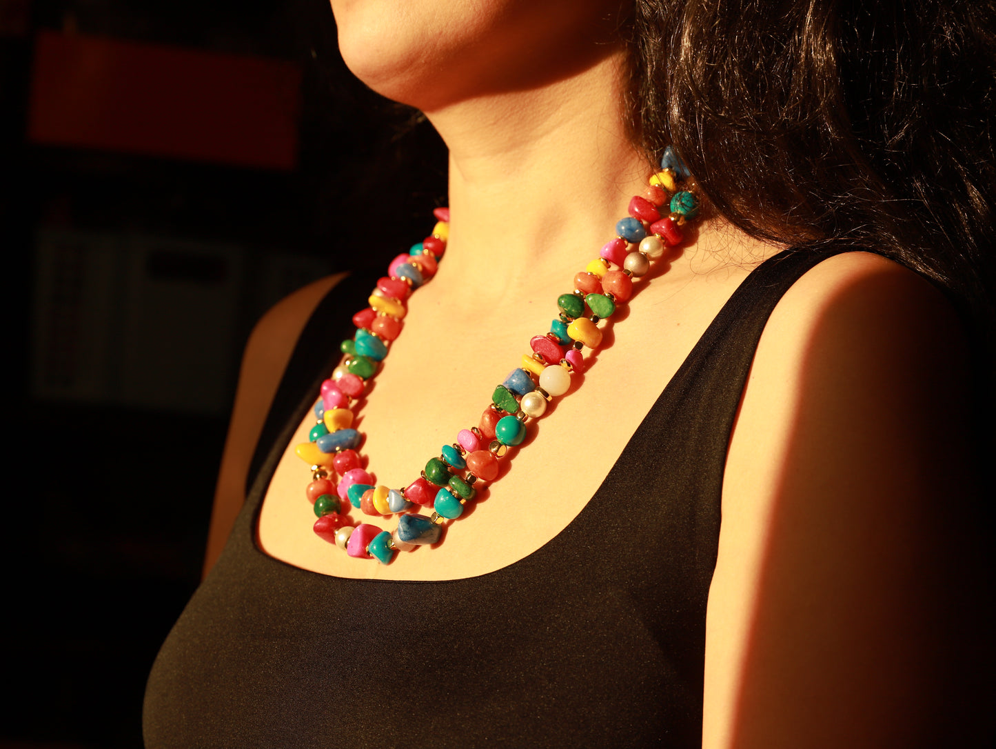 Fiesta Gems – Chunky Multicolor Gemstone Necklace with Gold Accents