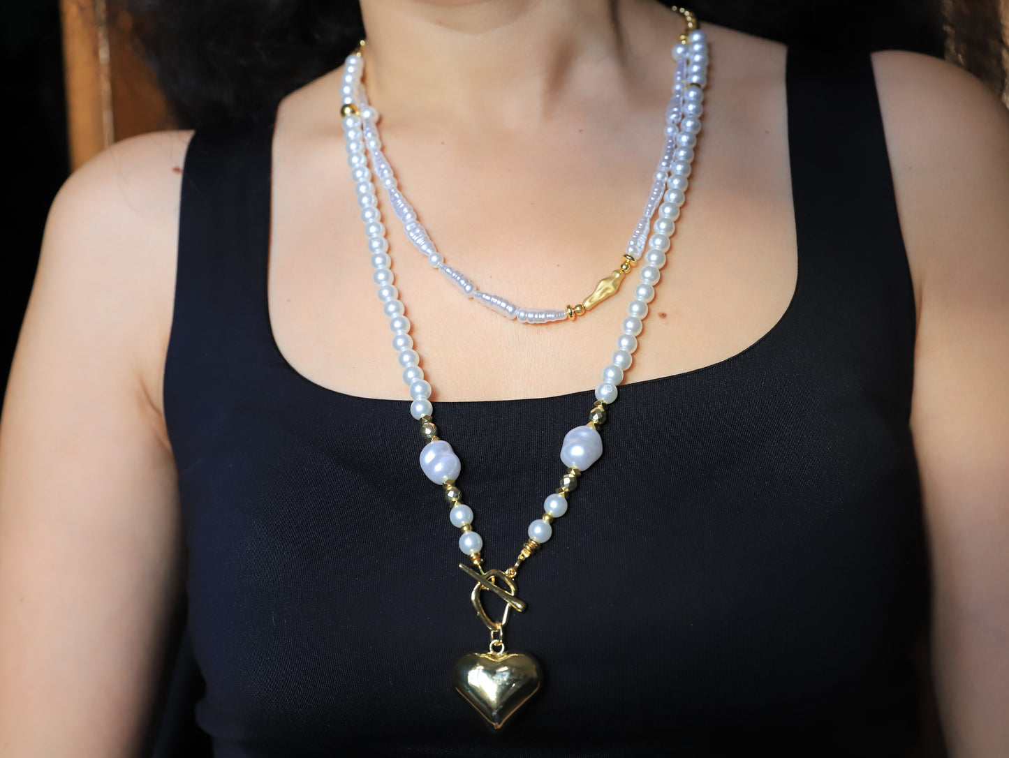 Golden Heart – Pearl Necklace with Bold Gold Heart Pendant