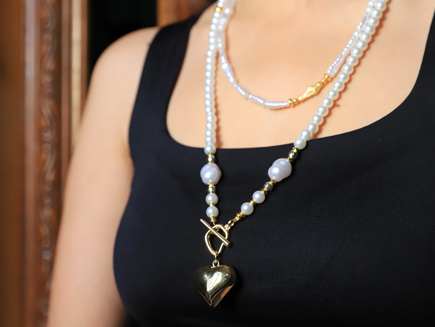 Golden Heart – Pearl Necklace with Bold Gold Heart Pendant