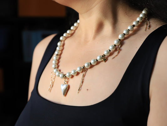 Moonlit Heart – Pearl Necklace with Gold Chain Tassels & White Heart Pendant