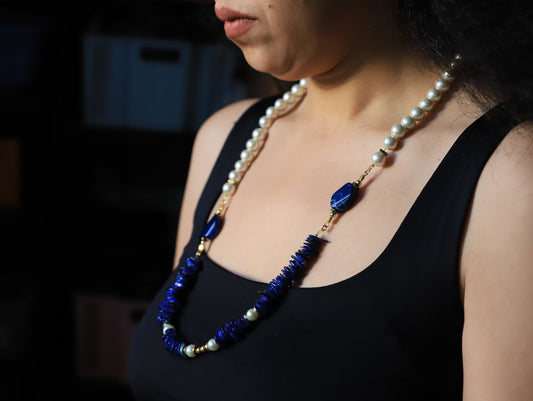 Midnight Tide – Pearl & Lapis Necklace with Gold Accents