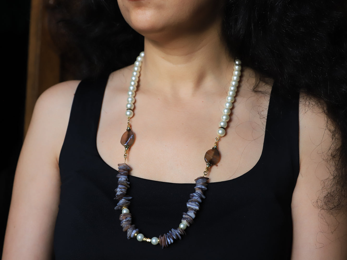 Twilight Harmony – Pearl & Smoky Agate Necklace with Amber Accents