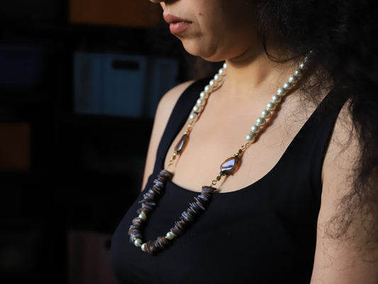 Twilight Harmony – Pearl & Smoky Agate Necklace with Amber Accents