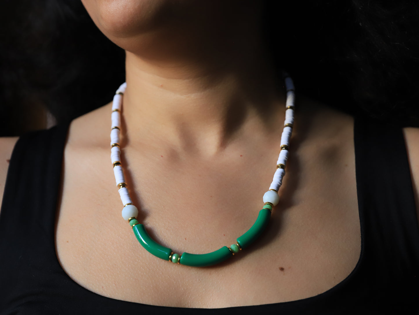 Emerald Frost – Green & White Bead Necklace with Gold Accents