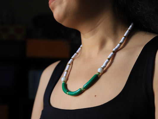 Emerald Frost – Green & White Bead Necklace with Gold Accents