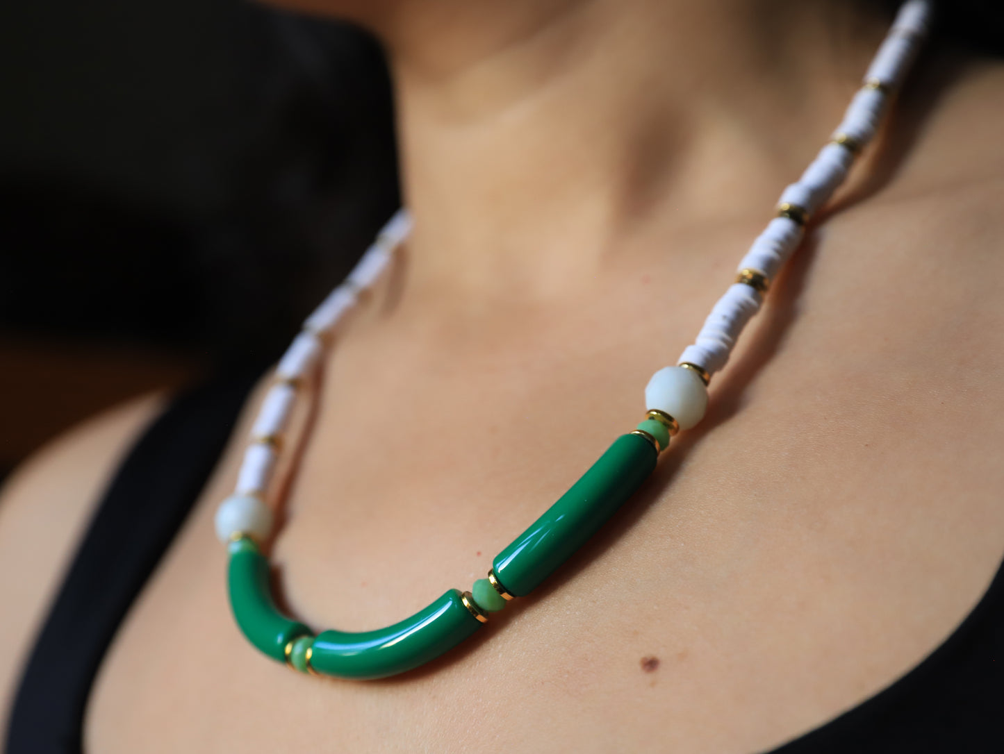 Emerald Frost – Green & White Bead Necklace with Gold Accents