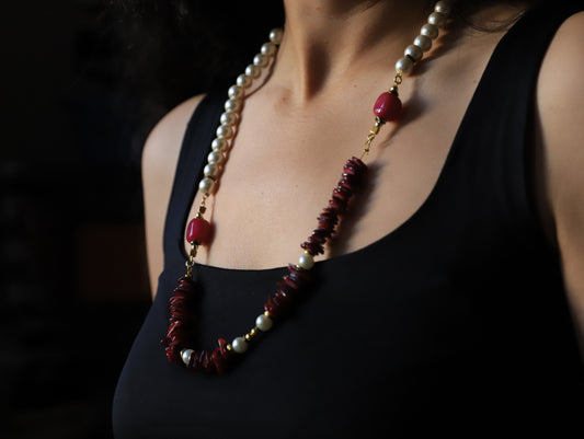 Crimson Reef – Pearl & Red Coral Necklace with Gold Accents