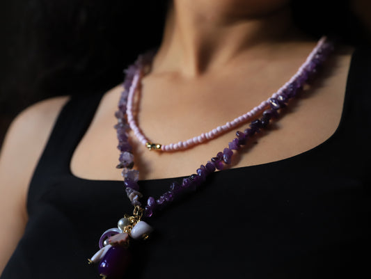 Violet Whisper – Amethyst & Lavender Necklace with Pearl Cluster Pendant
