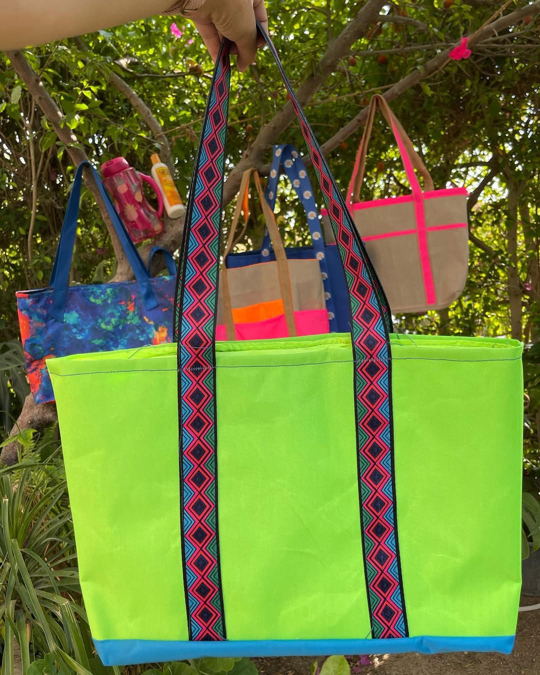 Lime Pop – Neon Green Tote with Tribal Strap Detail