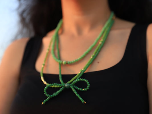 Verdant Grace – Multi-Layered Green Gemstone Bow Necklace