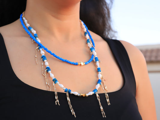 Ocean Muse – Blue & White Beaded Layered Necklace