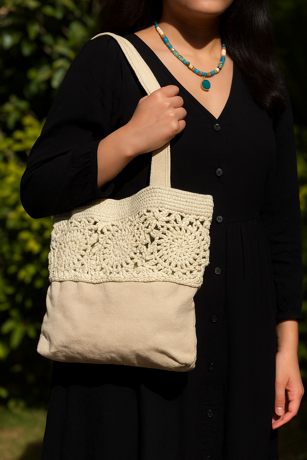 Desert Bloom – Crochet & Canvas Shoulder Bag with Floral Lace Detail
