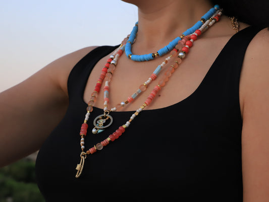 Sunset Mirage – Layered Coral & Aqua Beaded Necklace