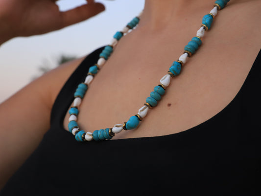 Turquoise Tide – Chunky Blue & Shell Statement Necklace