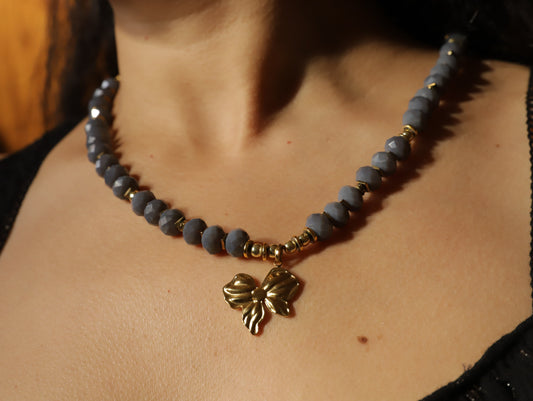 Twilight Bloom – Matte Blue Crystal Necklace with Leaf Charm