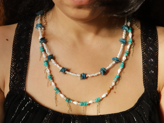 Lagoon Layers – Aqua & White Beaded Necklace with Gold Tassels