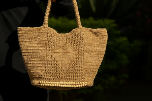 Sunwood Market – Handwoven Natural Jute Tote with Wooden Bead Detail