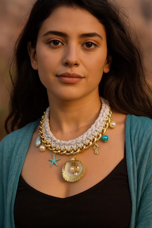 Seashore Glow – White Crochet & Gold Chain Necklace with Shell, Starfish & Pearl Charms | Handmade Nautical Statement Jewelry