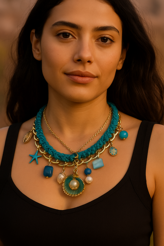 Azure Dream - Turquoise Crochet Necklace with Ocean Charms & Gold Chain | Nautical Statement Jewelry