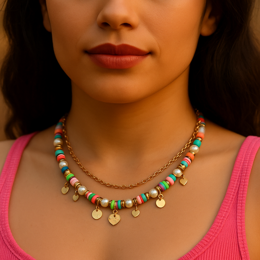 Candy Hearts – Colorful Beaded Necklace with Gold Heart Charms