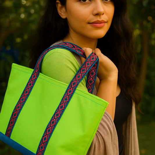 Lime Pop – Neon Green Tote with Tribal Strap Detail