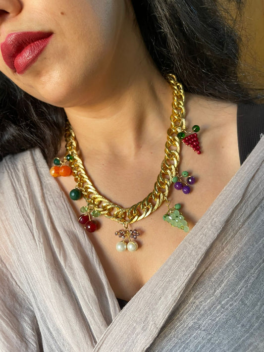 Fruit Charms – Bold Gold Necklace with Playful Beaded Fruits