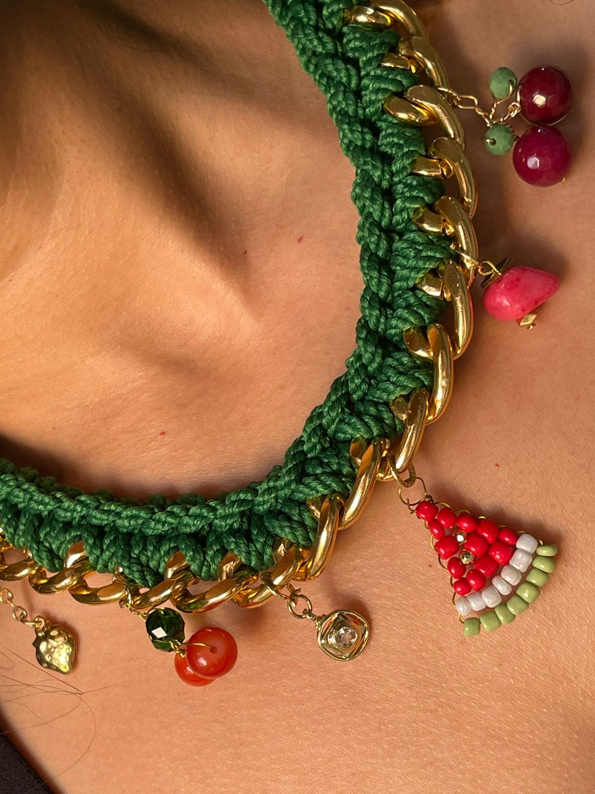 Fruit Garden – Green Handwoven Necklace with Beaded Fruit Charms