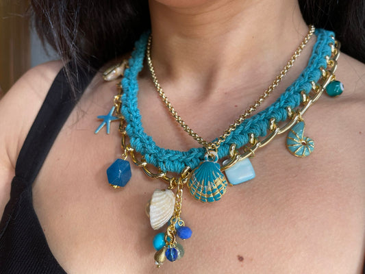 Blue Shore – Turquoise Handwoven Necklace with Shell & Ocean Charms