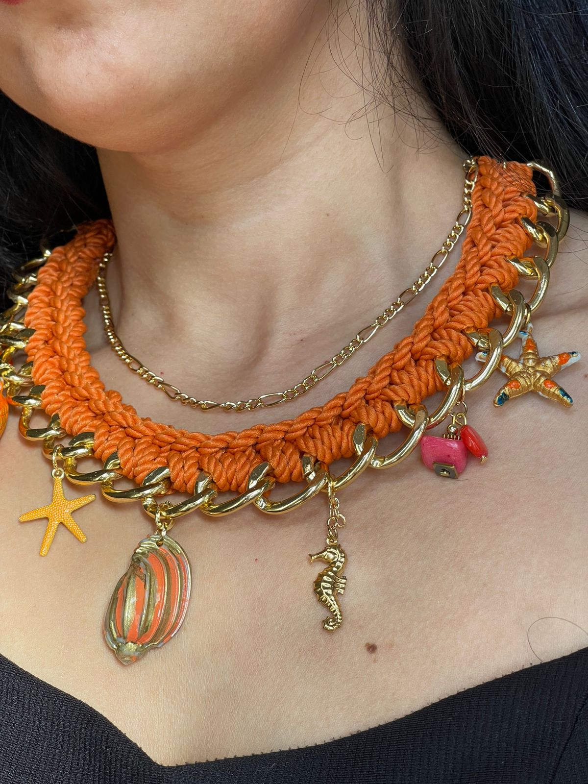 Sunset Star - Gold Starfish Pendant on Red Rope Necklace | Coastal Chic Statement Piece