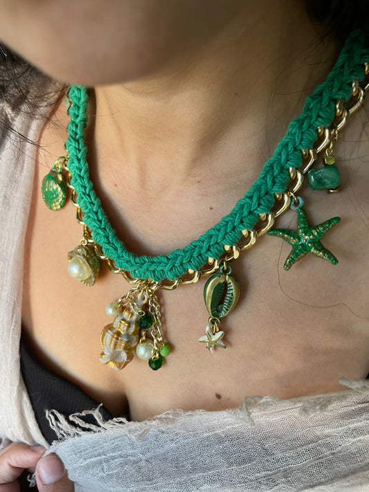 Sea Charms – Green Handwoven Necklace with Shell & Ocean-Inspired Pendants