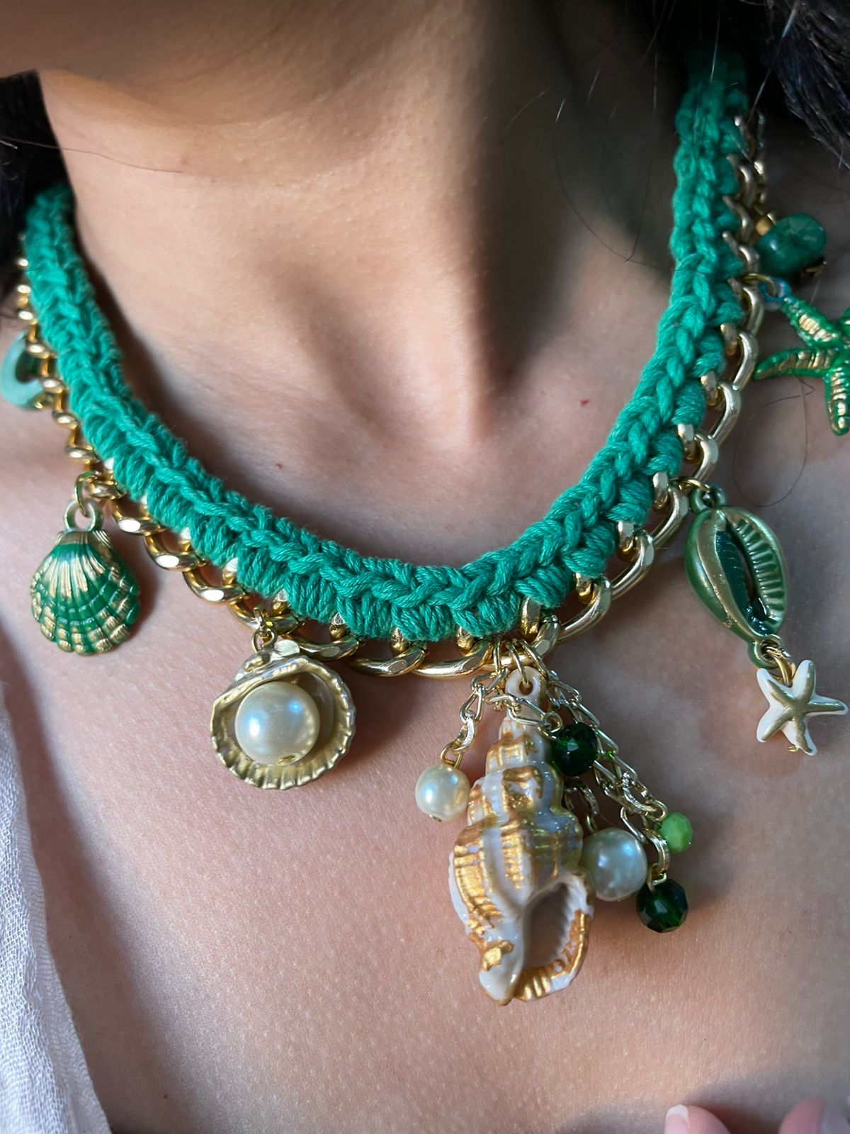 Sea Charms – Green Handwoven Necklace with Shell & Ocean-Inspired Pendants