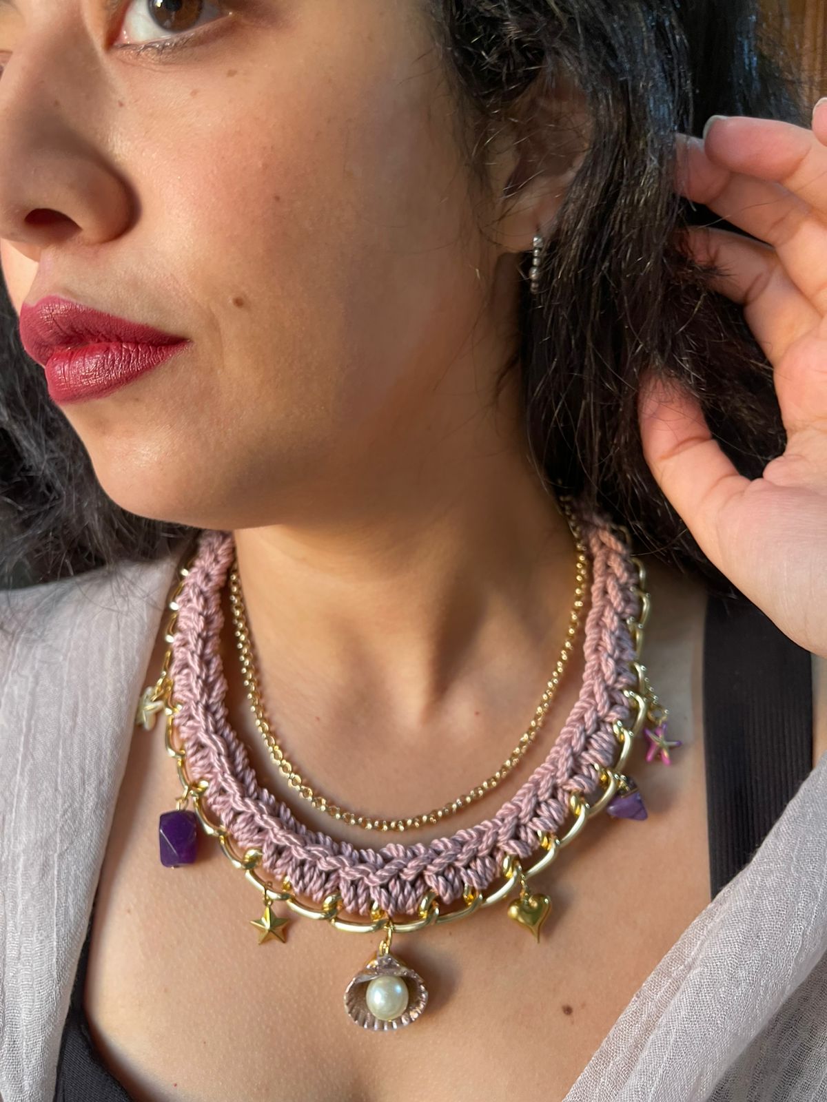 Shell Dreams – Handwoven Necklace with Star Charms & Pearl Shell