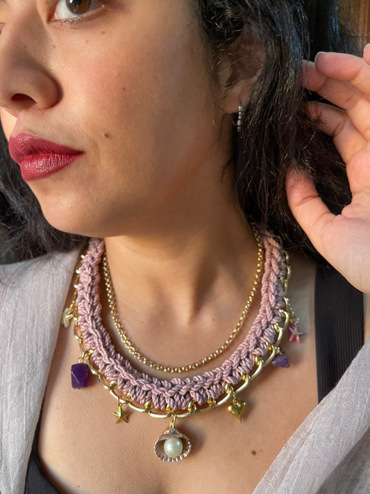 Shell Dreams – Handwoven Necklace with Star Charms & Pearl Shell