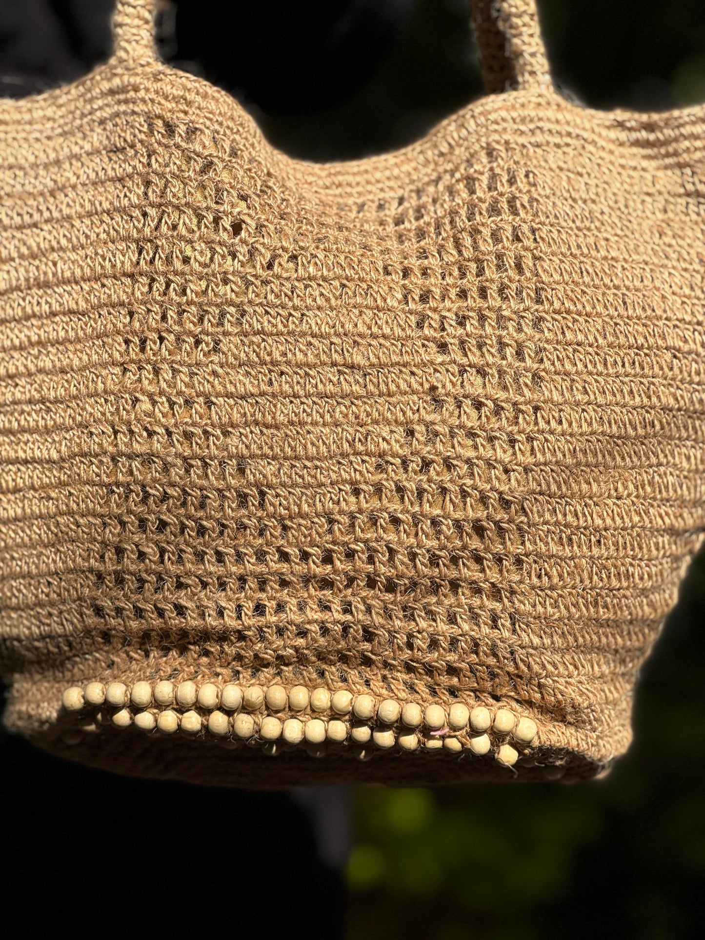 Sunwood Market – Handwoven Natural Jute Tote with Wooden Bead Detail
