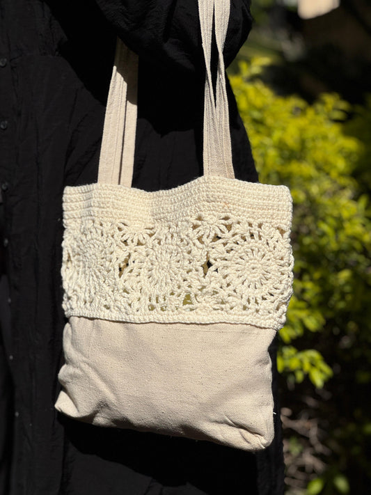 Desert Bloom – Crochet & Canvas Shoulder Bag with Floral Lace Detail