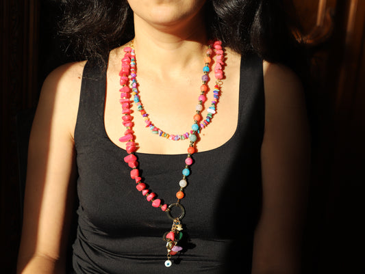Wild Coral – Long Multicolor Beaded Necklace with Charms & Coral Accents