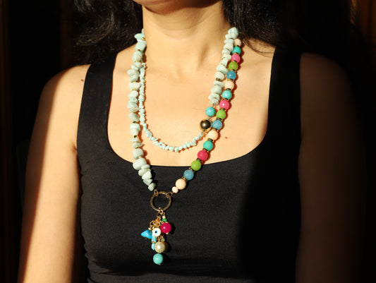 Mint Mix – Layered Beaded Necklace with Charms & Aqua Stones
