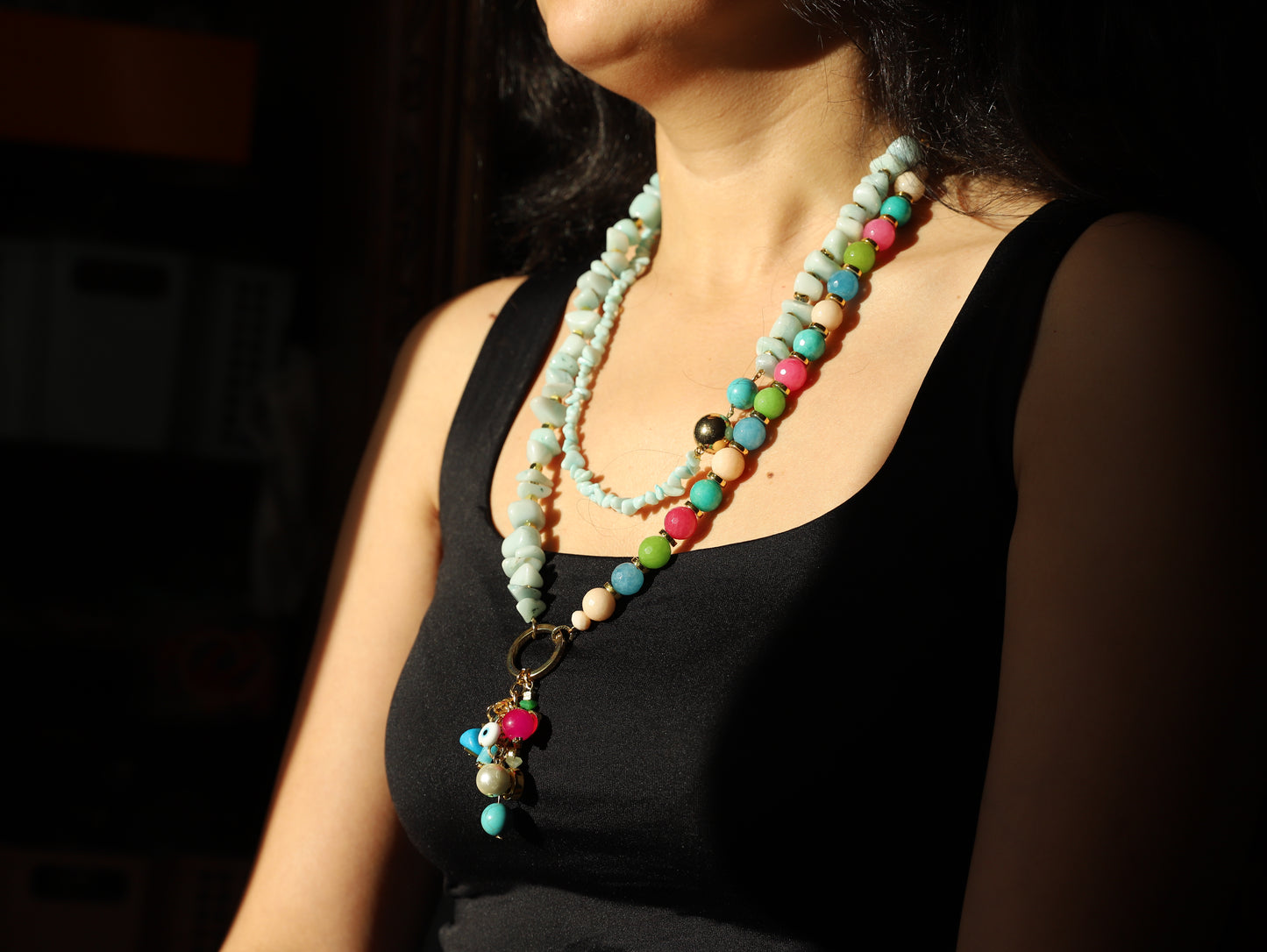 Mint Mix – Layered Beaded Necklace with Charms & Aqua Stones