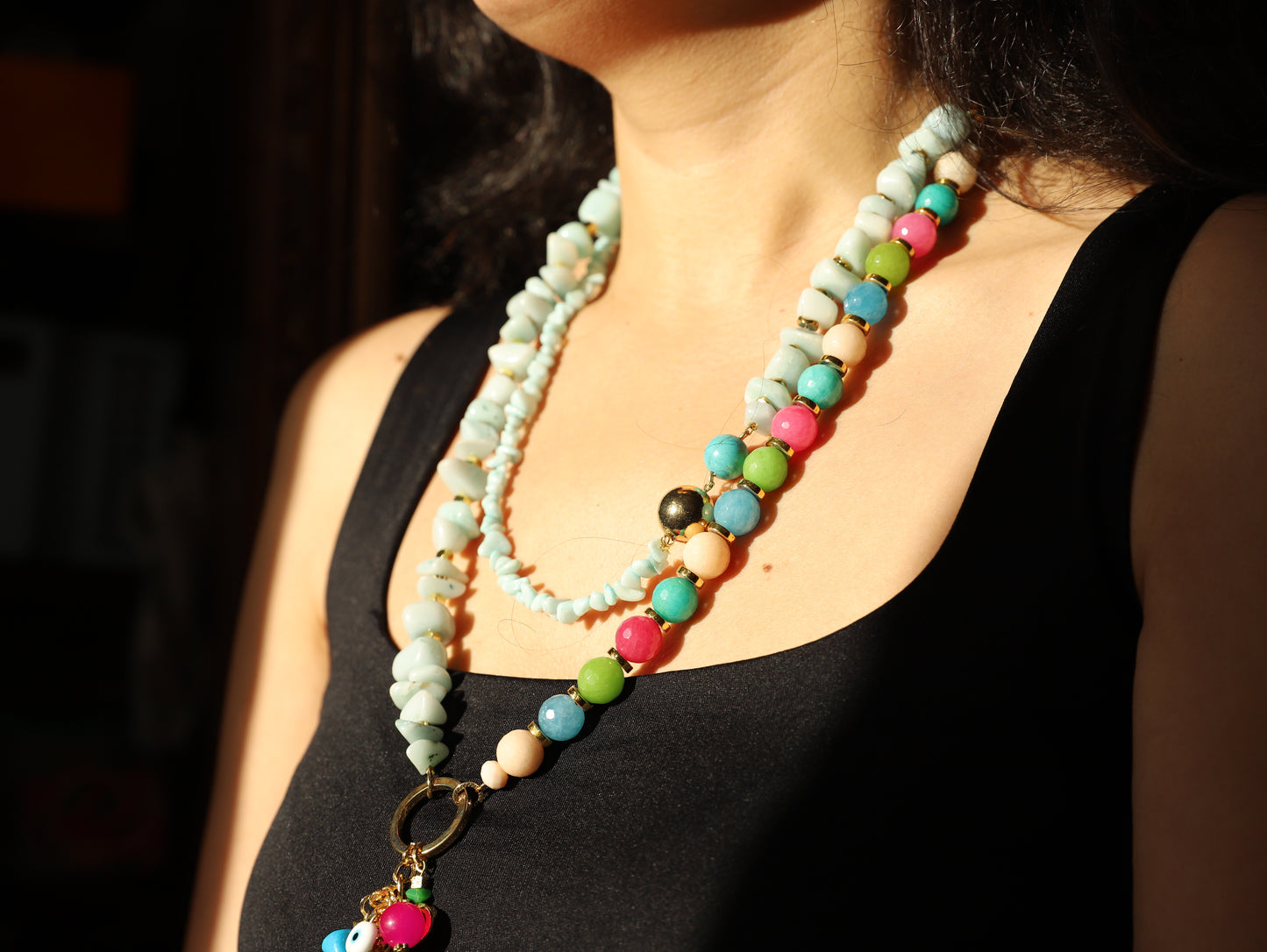 Mint Mix – Layered Beaded Necklace with Charms & Aqua Stones