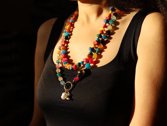 Color Crush – Rainbow Gemstone Necklace with Gold Drop Charm