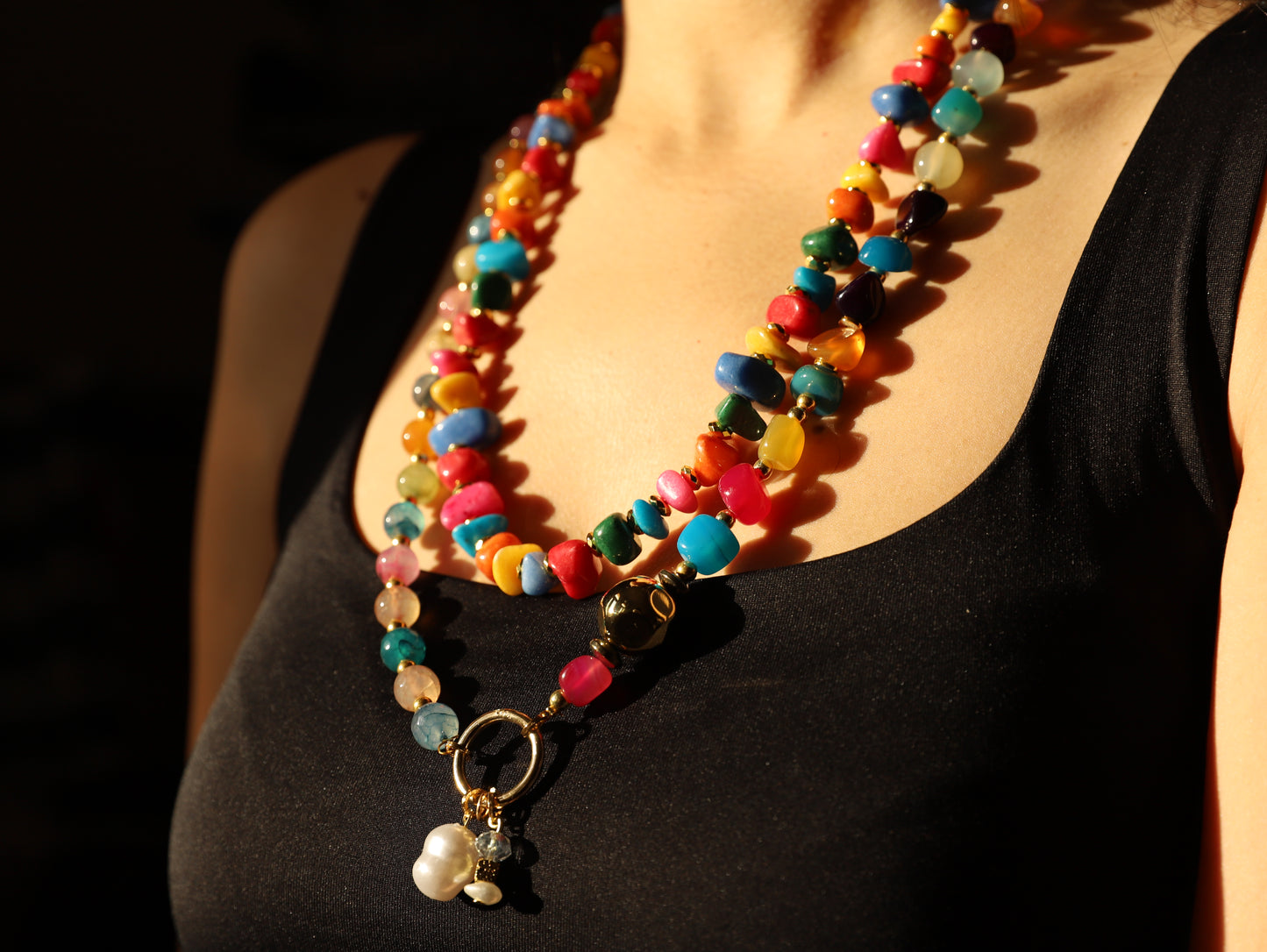 Color Crush – Rainbow Gemstone Necklace with Gold Drop Charm